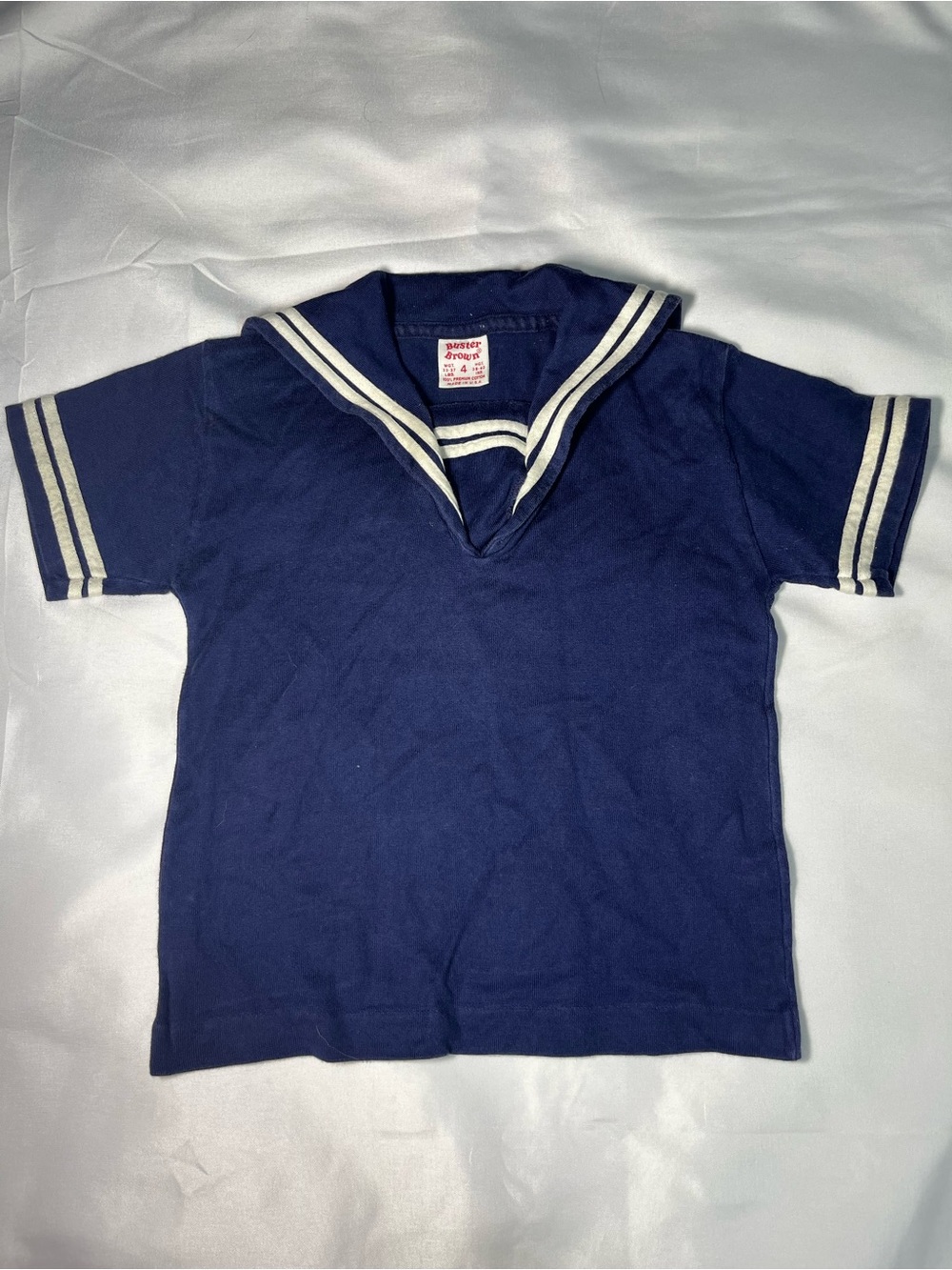 Vintage Buster Brown Kids Sailor Shirt Size 4 Blue White Striped Short Sleeve